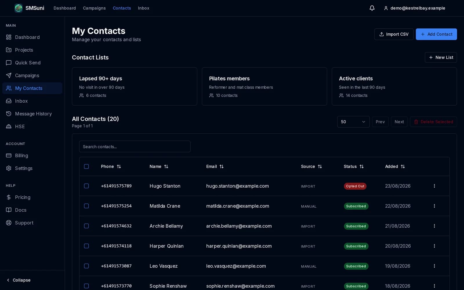 SMSuni contacts page with three contact lists and a table of contacts showing phone, name, email, import source and subscribed or opted-out status.