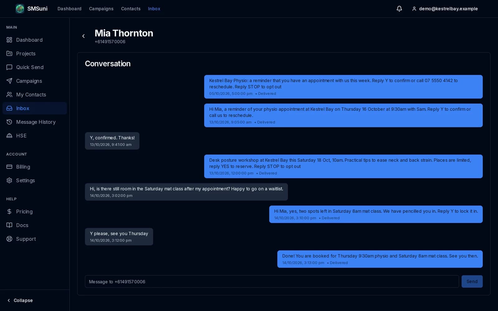 SMSuni two-way conversation with a demonstration physiotherapy client, showing an appointment reminder, a confirmation reply and a booking exchange with delivery status on each message.